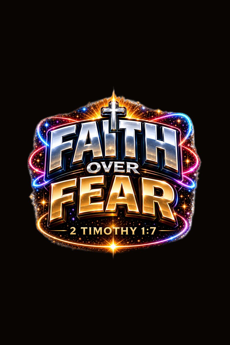Faith Over Fear — silver chrome FAITH stacked above gold chrome FEAR with a glowing cross sunburst at top and a 2 Timothy 1:7 ribbon banner at the bottom, surrounded by neon orbital rings and sparkles, faith streetwear unisex tee design