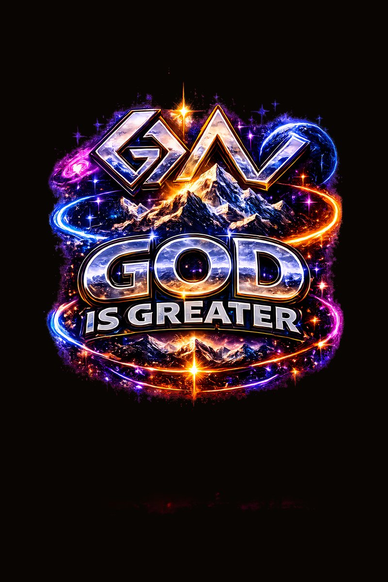 God Is Greater — chrome typography over a mountain range with neon orange and blue light streaks and starburst accents, faith streetwear unisex tee design
