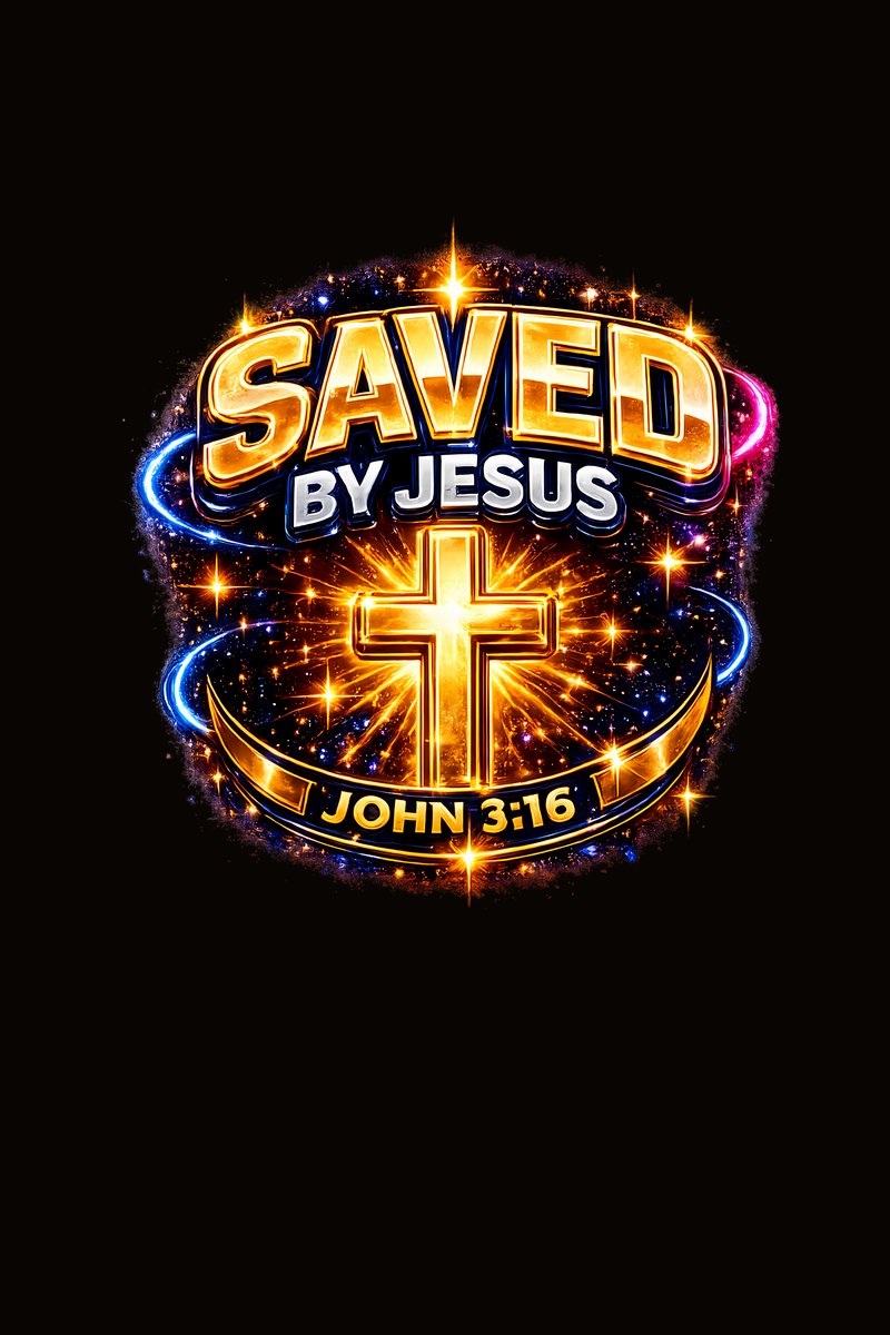 Saved By Jesus — chrome lettering with John 3:16 banner beneath a glowing cross surrounded by starburst sparkles, faith streetwear unisex tee design